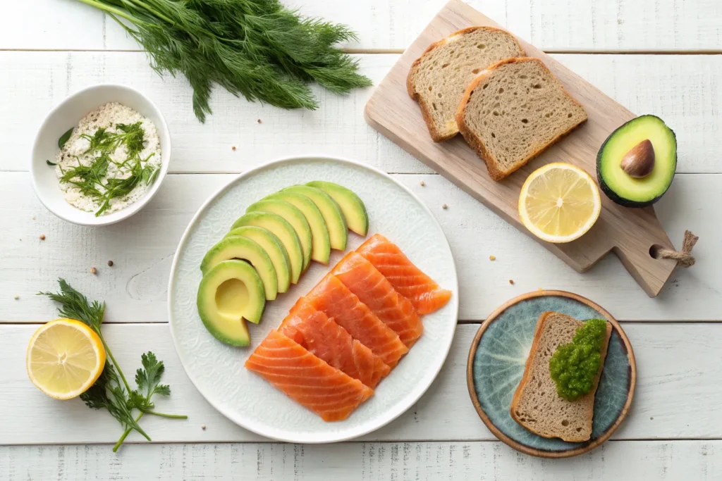 “Ingredients for salmon avocado toast: avocado, smoked salmon, whole grain bread, lemon, and fresh herbs.”
