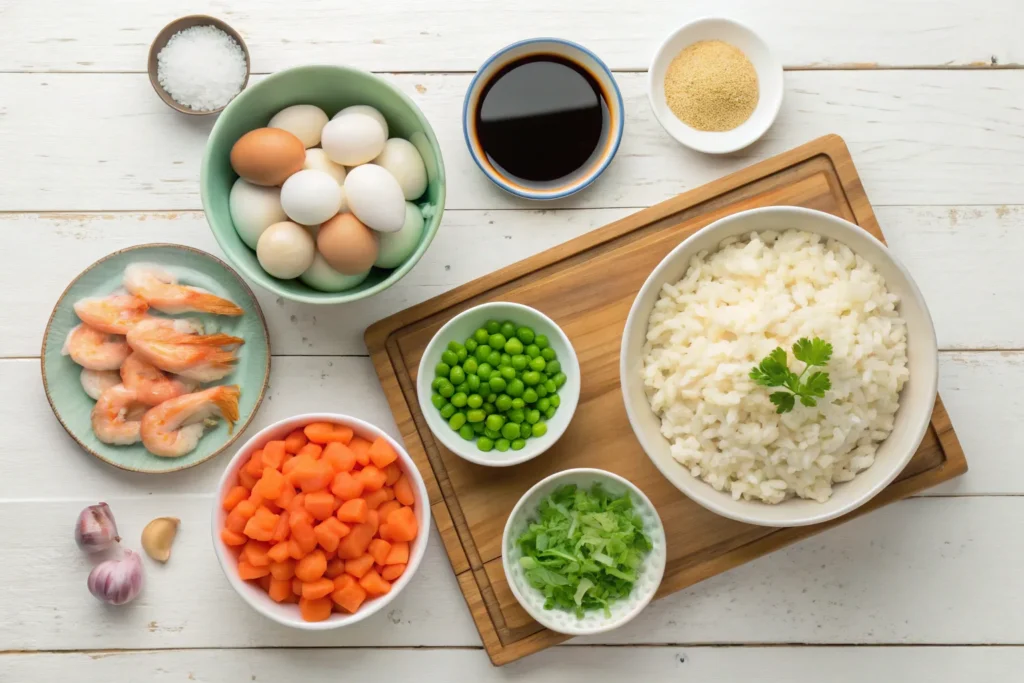 "Ingredients for Shanghai Fried Rice, including cooked rice, eggs, soy sauce, vegetables, garlic, ginger, and protein."
