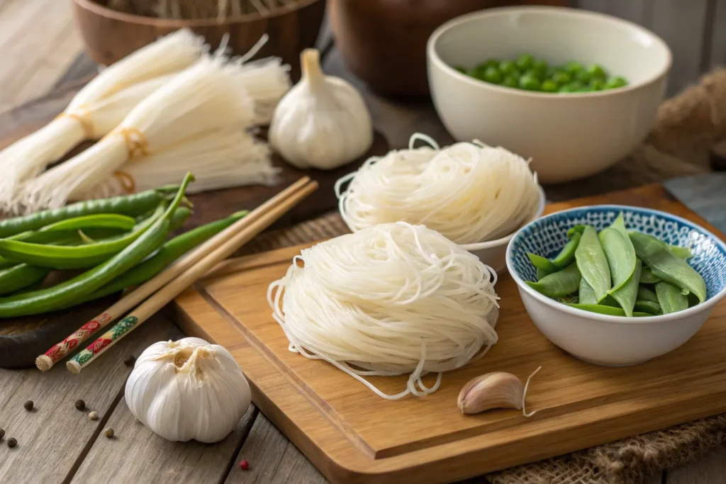 "Fresh ingredients for rice noodles with garlic and snow peas, including rice noodles, garlic, and snow peas on a wooden countertop."
