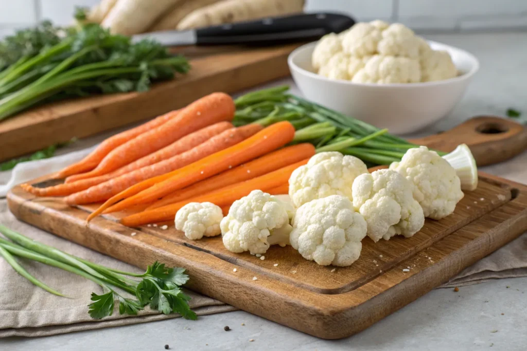  "Fresh raw carrots and cauliflower on a wooden cutting board, ready for roasting."