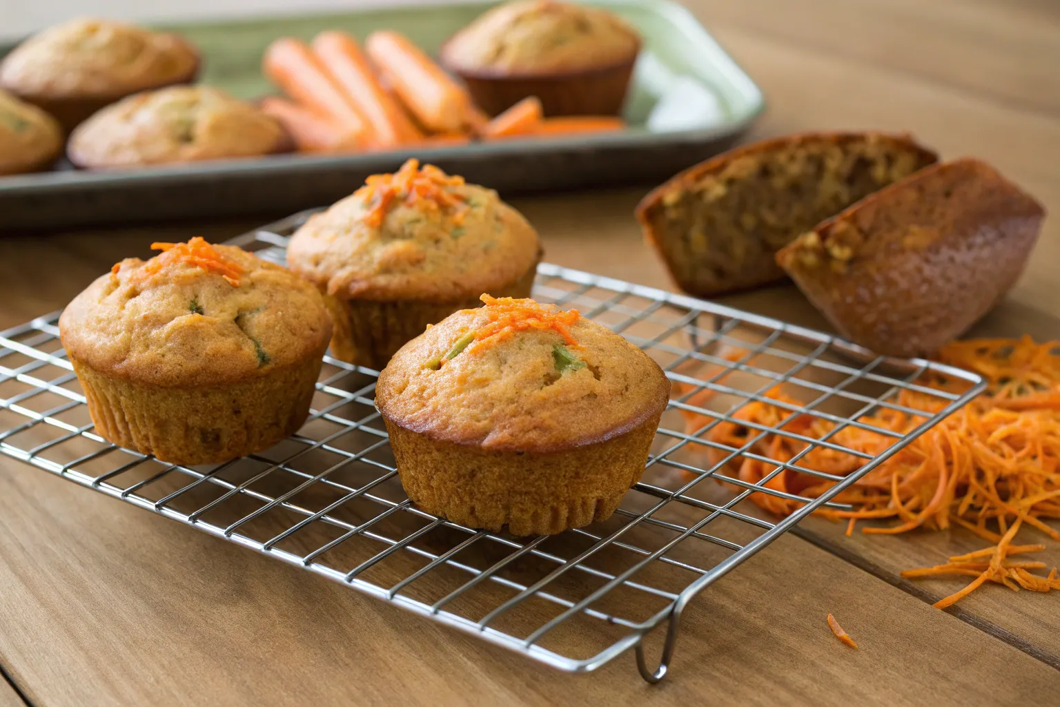 "Freshly baked carrot cake zucchini muffins cooling on a wire rack."