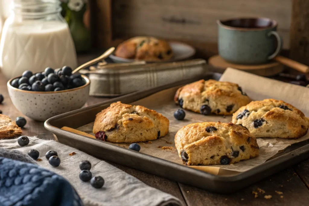 Freshly baked golden-brown sourdough discard blueberry scones cooling on a baking tray.