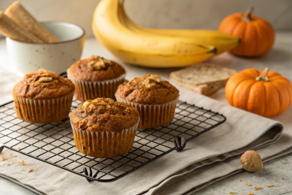 "Freshly baked healthy banana pumpkin muffins on a cooling rack with pumpkin and banana in the background"