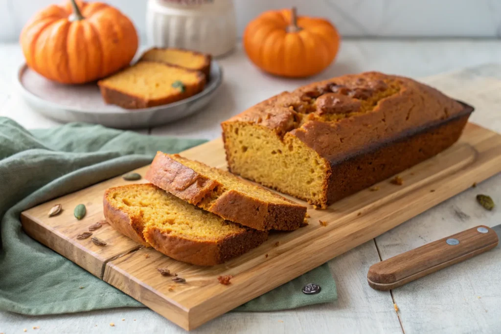 “Freshly baked protein pumpkin bread loaf on a wooden board, sliced and ready to serve.”