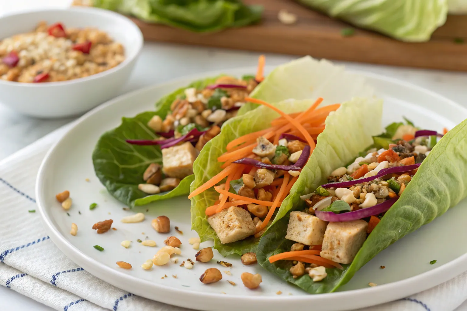 "Freshly made tofu lettuce wraps served on a white plate with colorful toppings like shredded carrots and chopped peanuts."