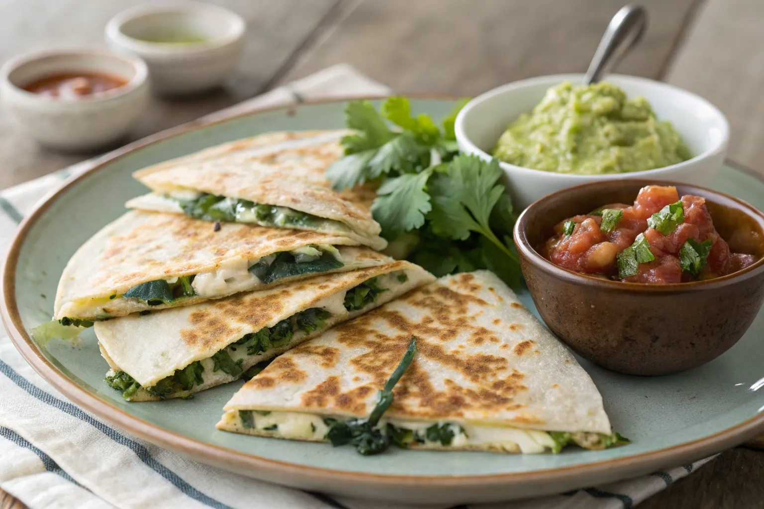 Golden-brown feta and spinach quesadillas served on a plate with a side of guacamole and salsa.