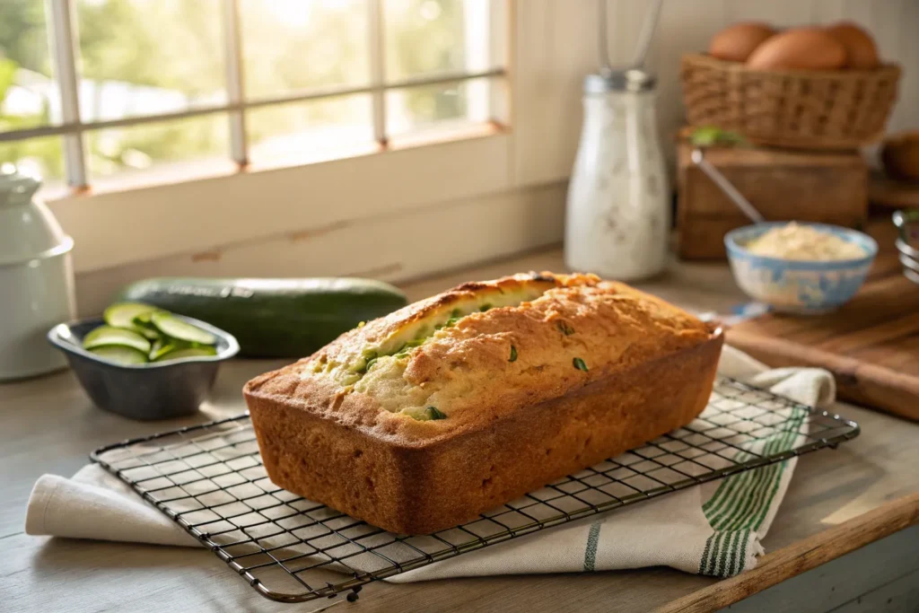 "Golden brown loaf of freshly baked zucchini applesauce bread cooling on a wire rack."