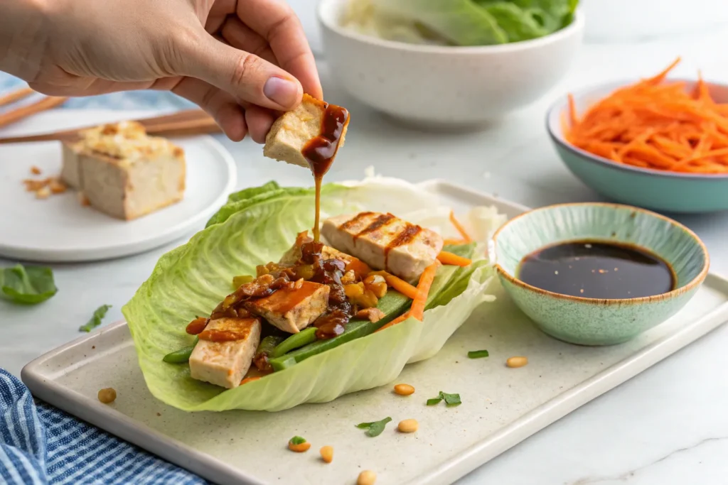 "Hand assembling a tofu lettuce wrap with a piece of lettuce, tofu filling, and a drizzle of sauce."
