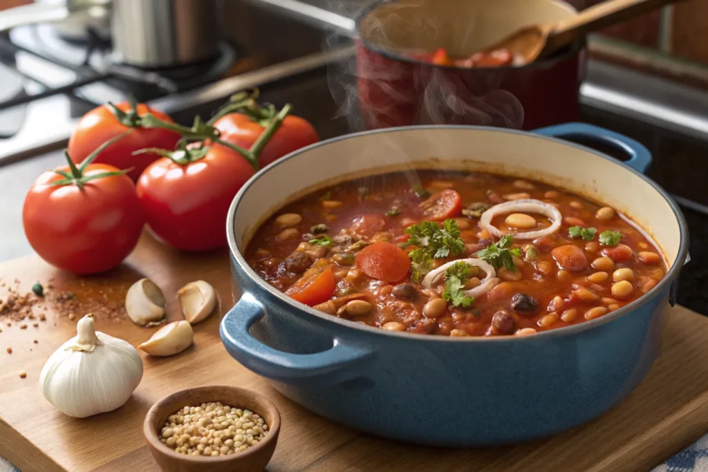 "Homemade low salt baked beans simmering in a pot with fresh ingredients."