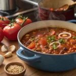 "Homemade low salt baked beans simmering in a pot with fresh ingredients."