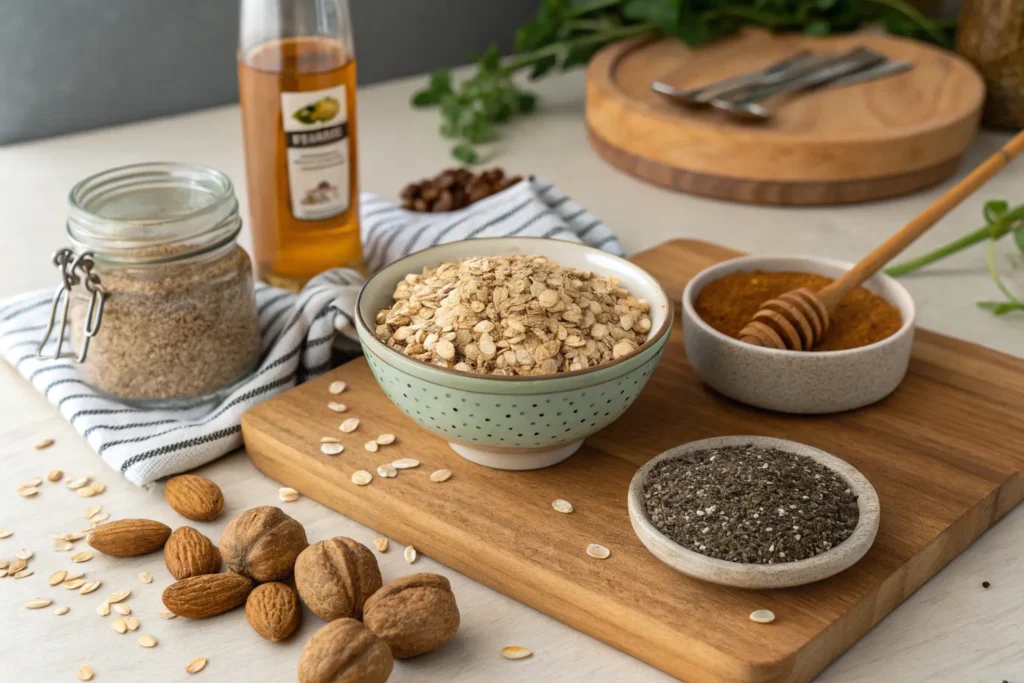 "Ingredients for almond butter energy balls, including almond butter, oats, honey, and chia seeds"
