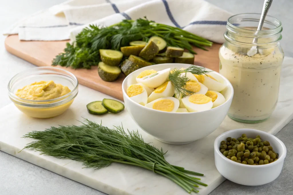 Ingredients for dill pickle egg salad, including boiled eggs, chopped dill pickles, mayonnaise, mustard, and fresh herbs, arranged on a kitchen counter.