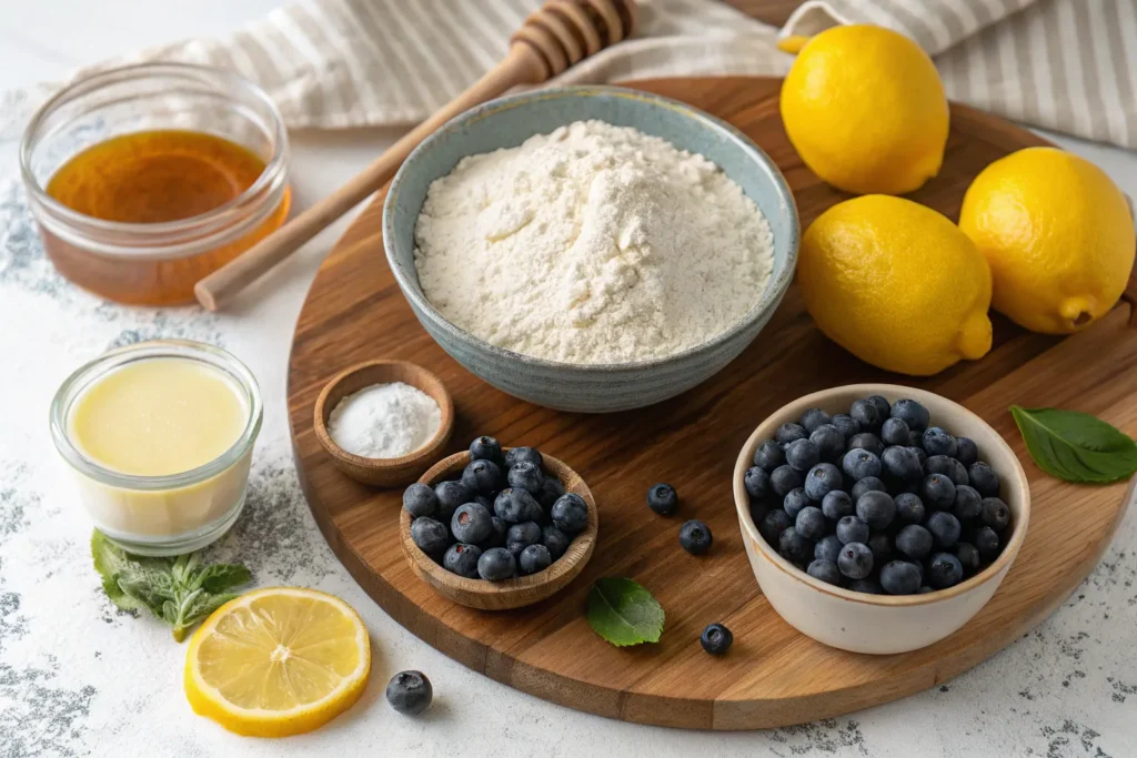 "Ingredients for lemon blueberry sourdough bread including flour, blueberries, lemons, sourdough starter, and honey."
