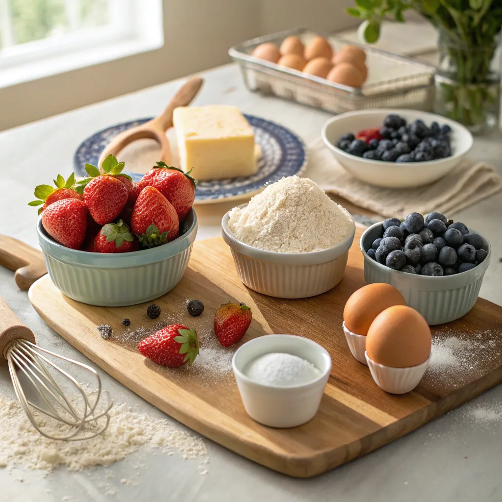 Ingredients for strawberry blueberry muffins, including fresh strawberries, blueberries, flour, eggs, and butter on a kitchen counter.
