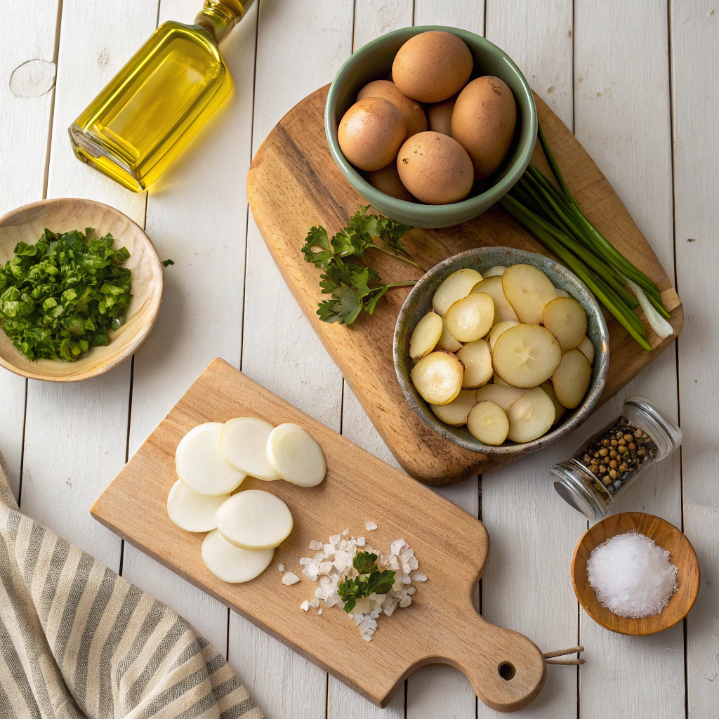 "Ingredients for turnips and potatoes frittata laid out on a table, including turnips, potatoes, eggs, onion, garlic, olive oil, salt, pepper, and fresh parsley."