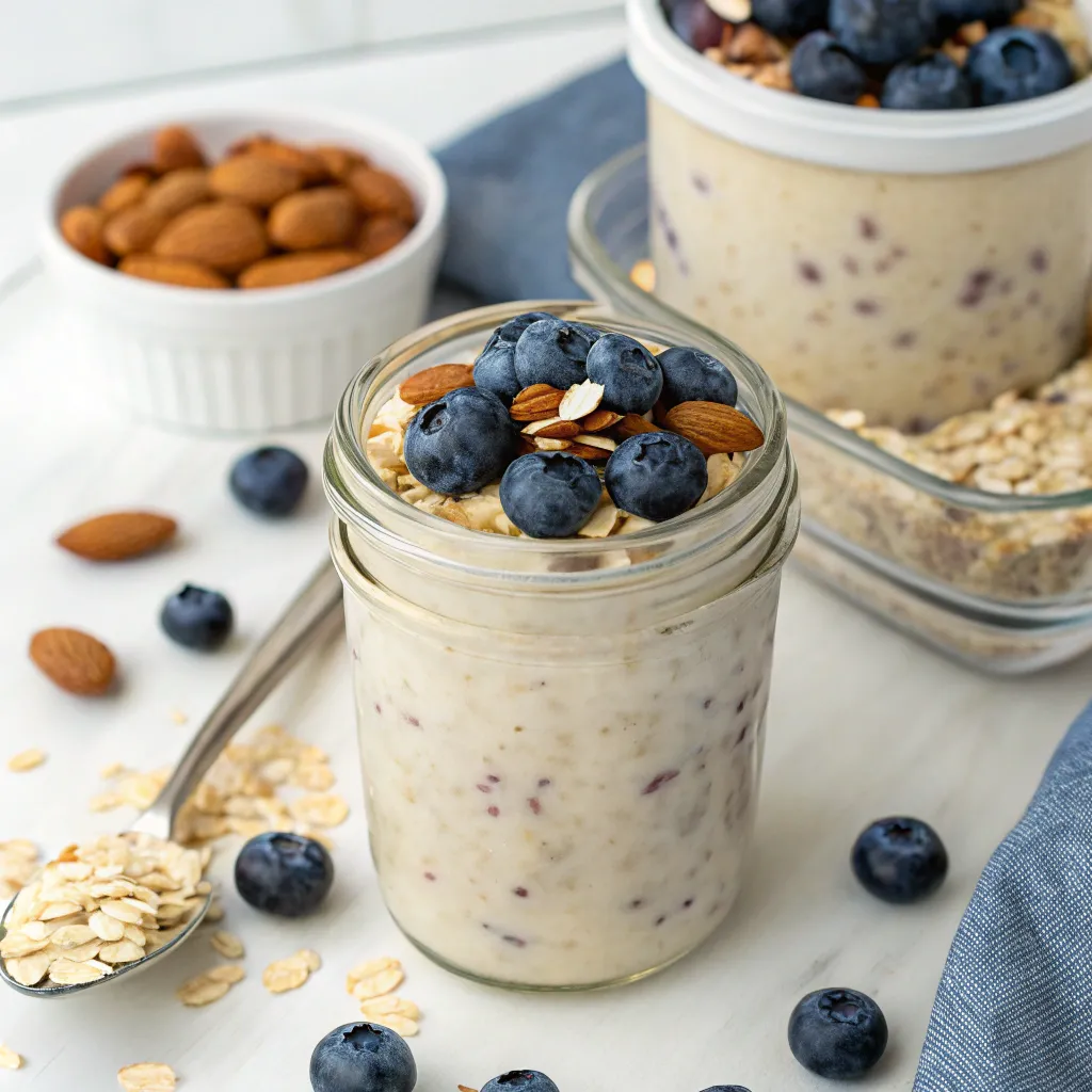 “Jar of Purely Elizabeth overnight oats topped with fresh blueberries and almonds”