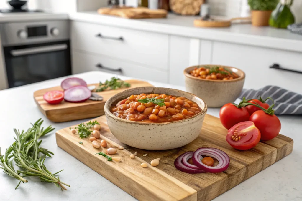 "A bowl of hearty vegetable soup featuring low salt baked beans and fresh herbs."