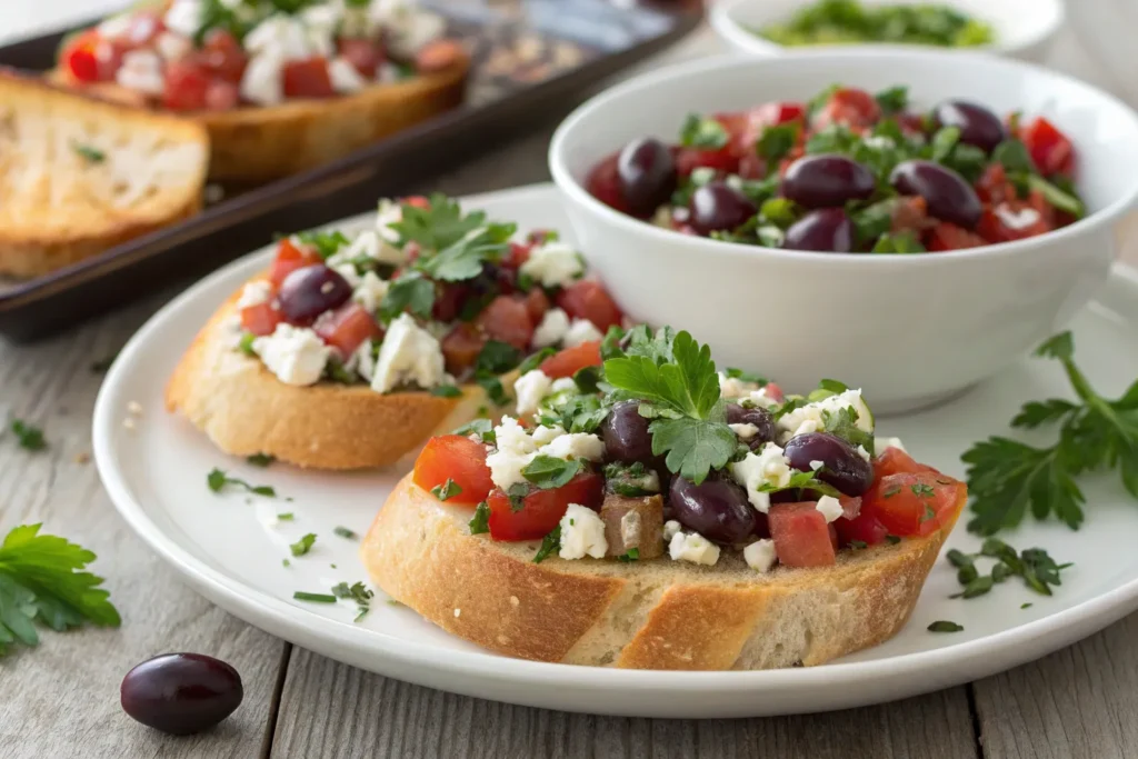 "Mediterranean-inspired bruschetta dip with chopped olives, feta cheese, and oregano, garnished with fresh parsley."