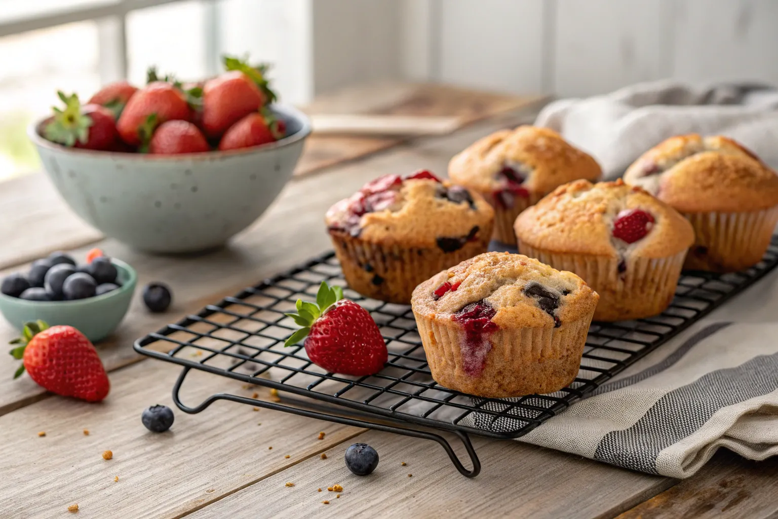 Freshly baked strawberry blueberry muffins on a cooling rack with scattered fresh berries.