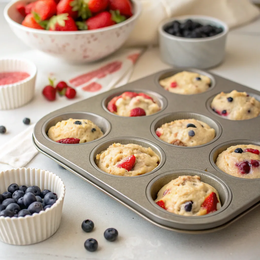 Muffin tin filled with batter for strawberry blueberry muffins, ready to be baked.
