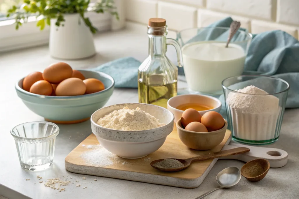 "Ingredients for a waffle recipe no milk, including flour, eggs, vegetable oil, water, and baking powder, neatly arranged on a kitchen counter."
