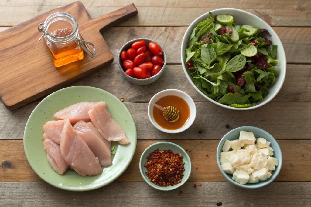 "Fresh ingredients for hot honey chicken salad, including chicken breast, honey, chili flakes, mixed greens, and feta cheese."
