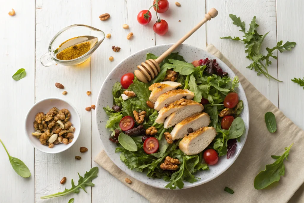 "Assembling hot honey chicken salad with greens, sliced chicken, cherry tomatoes, and candied nuts."
