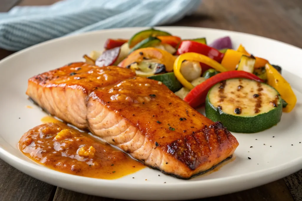 "Salmon fillets glazed with spicy mango sauce, served with grilled vegetables."
