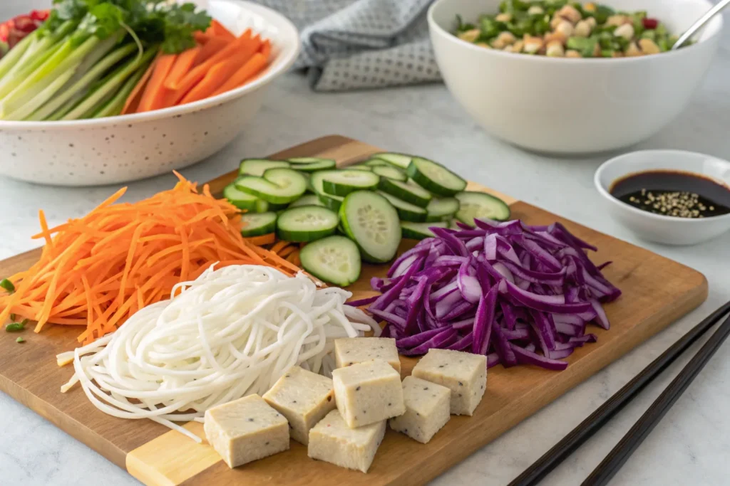 "Fresh spring roll bowl ingredients: shredded carrots, purple cabbage, cucumbers, rice noodles, and marinated tofu."
