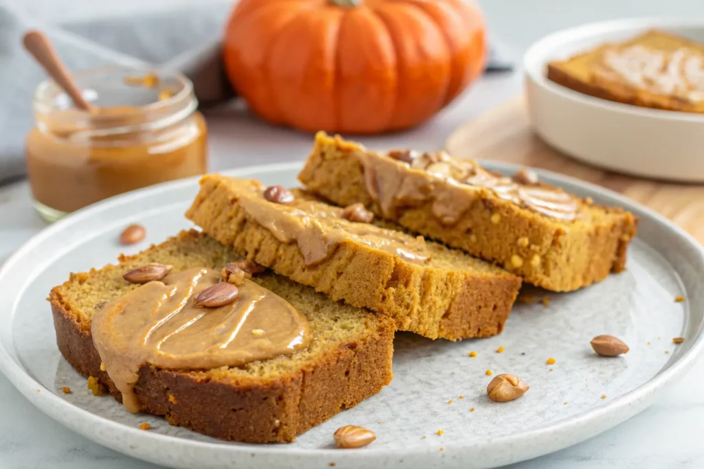 “Slices of protein pumpkin bread topped with almond butter and honey, served on a plate.”
