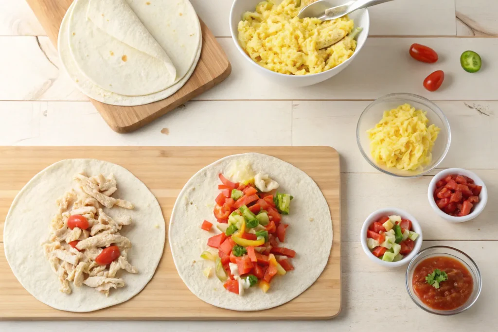 "Step-by-step process of assembling a chicken breakfast burrito with scrambled eggs, chicken, and salsa"
