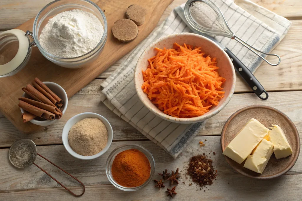 "Ingredients for carrot cake cookies recipe, including grated carrots, flour, butter, and spices on a wooden table"
