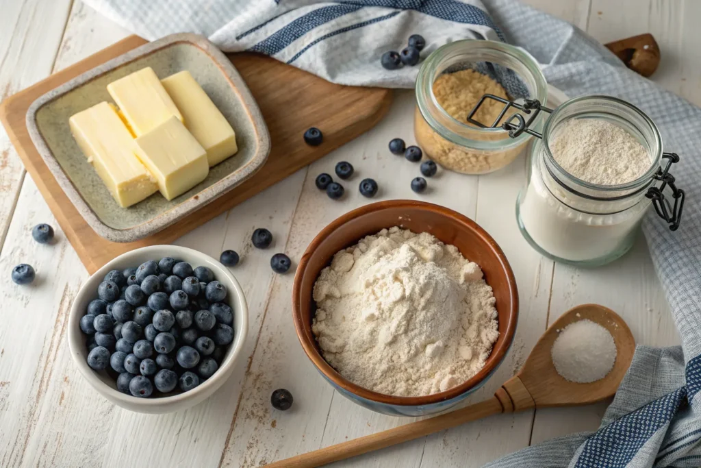 Ingredients for sourdough discard blueberry scones, including flour, butter, blueberries, and sourdough discard.