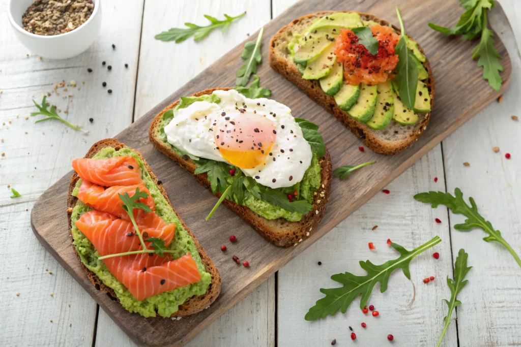 “Variations of salmon avocado toast with poached eggs, arugula, and chili flakes on top.”
