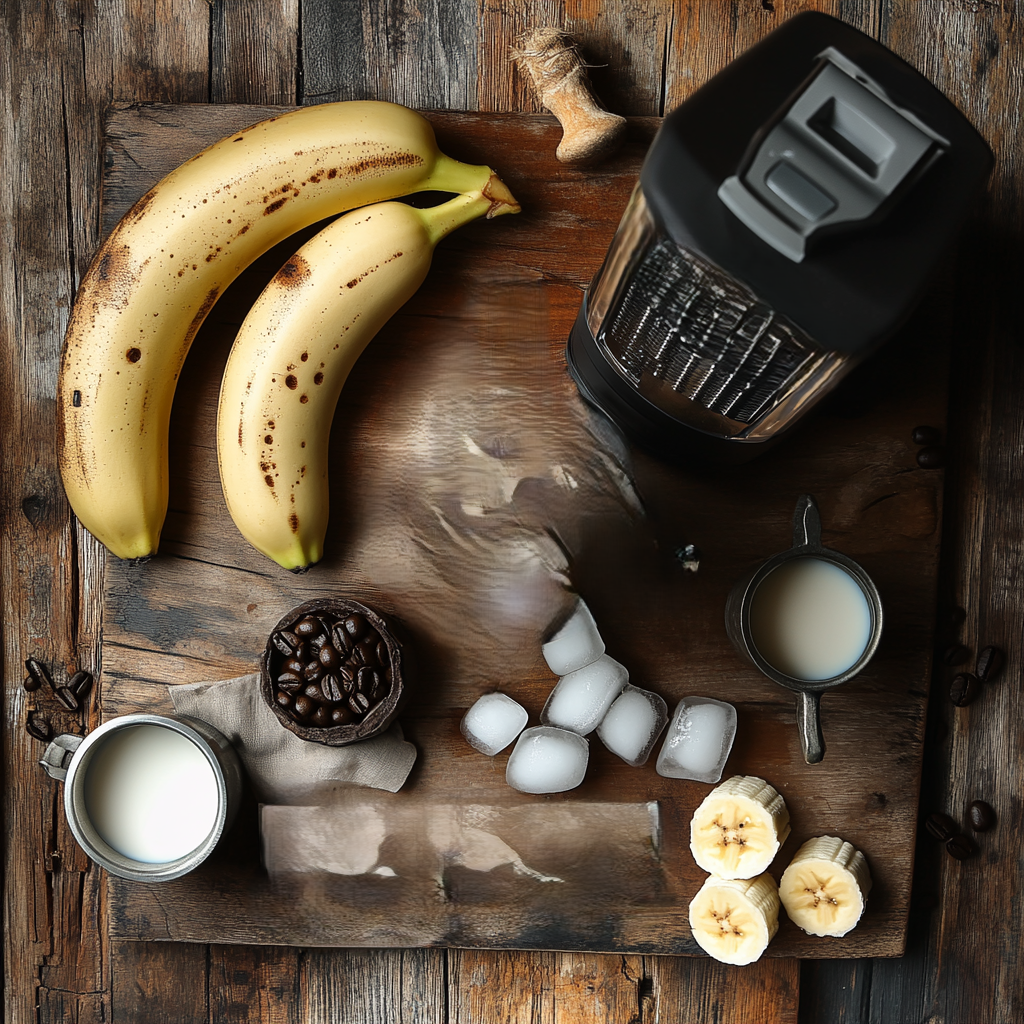 "Ingredients for a Starbucks-inspired coffee smoothie, including bananas, coffee, milk, ice, and a blender."
