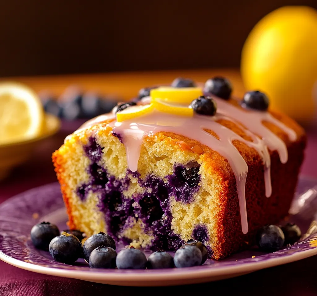 "Close-up of a slice of moist lemon blueberry bread with a drizzle of lemon glaze on top."