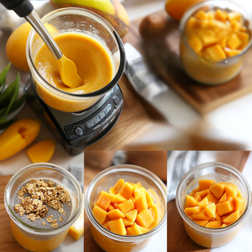 "Step-by-step preparation of mango chia seed pudding: blending fresh mango puree, mixing chia seeds with milk, stirring the mixture, refrigerating it, and serving the pudding in glass jars topped with fresh fruits and granola."