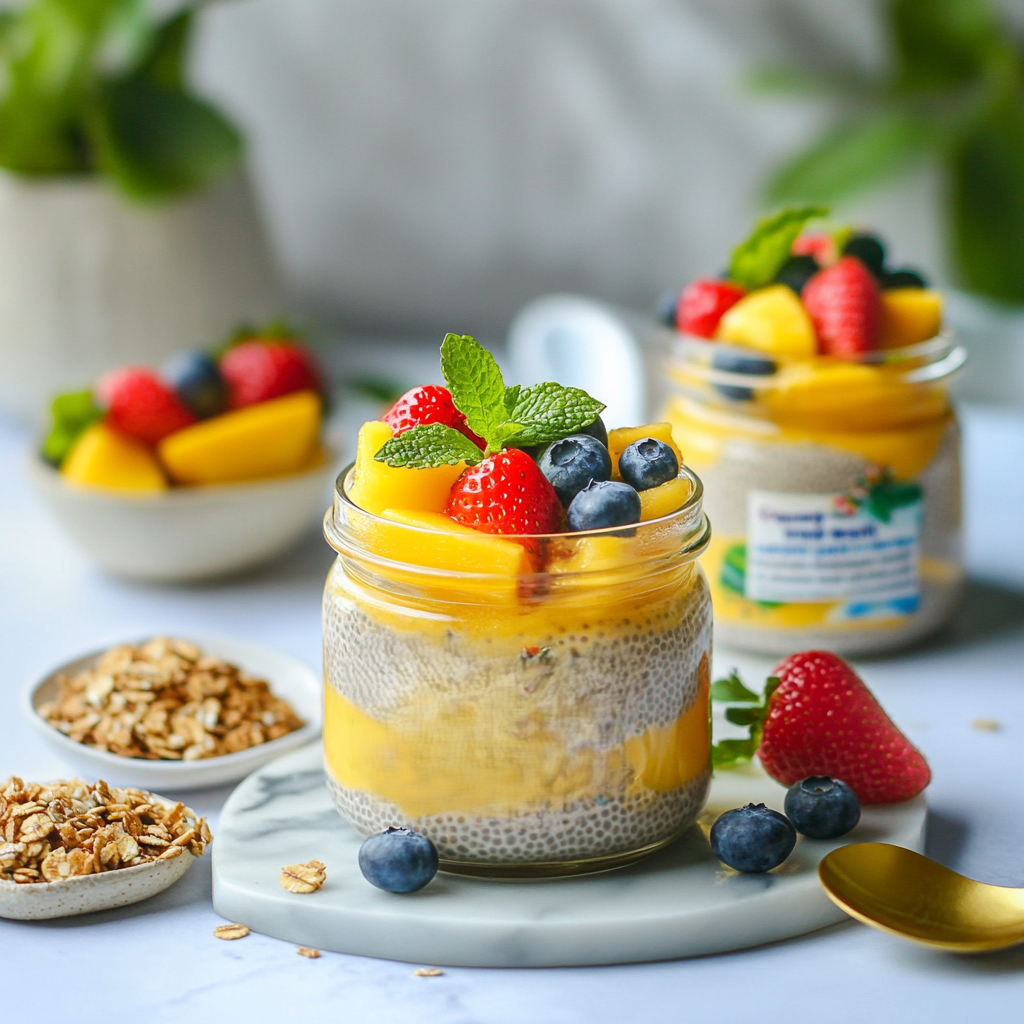 "Creamy mango chia seed pudding served in a glass jar topped with fresh fruit and granola."
