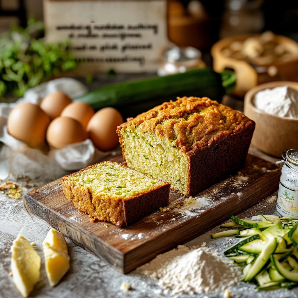 "Freshly baked sourdough zucchini bread on a wooden board, showcasing a golden crust and moist texture inside."