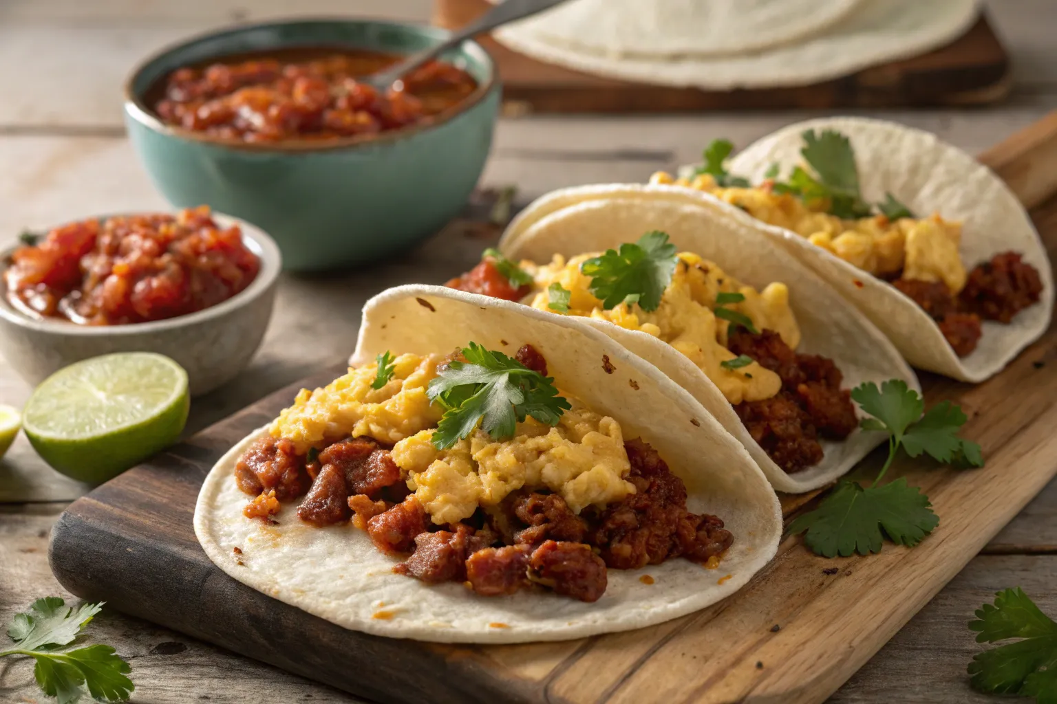 Alt text: Warm tortillas filled with chorizo, eggs, cheese, and fresh cilantro.