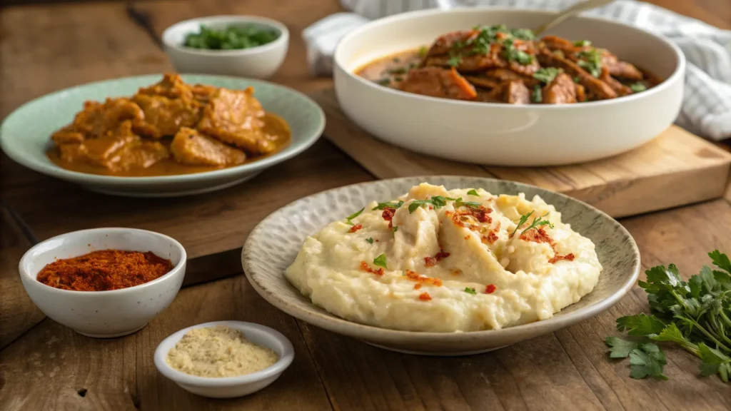 A variety of crock pot chicken and gravy dishes presented on a rustic wooden table. One plate features a low-carb version with cauliflower mash, another showcases a spicy Cajun-style twist with red pepper flakes, and a third displays a gluten-free option with a light, herb-infused gravy. Small bowls of different seasonings and garnishes surround the plates, highlighting the diverse flavors and variations of the dish in a warm, inviting kitchen setting.