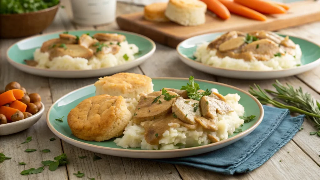 A beautifully plated crock pot chicken and gravy dish served over mashed potatoes, rice, and egg noodles on a rustic wooden table. Each serving is garnished with fresh parsley, with side dishes like roasted vegetables and biscuits arranged nearby. A cozy kitchen setting with soft natural lighting enhances the warm and inviting presentation, showcasing different ways to enjoy the meal.