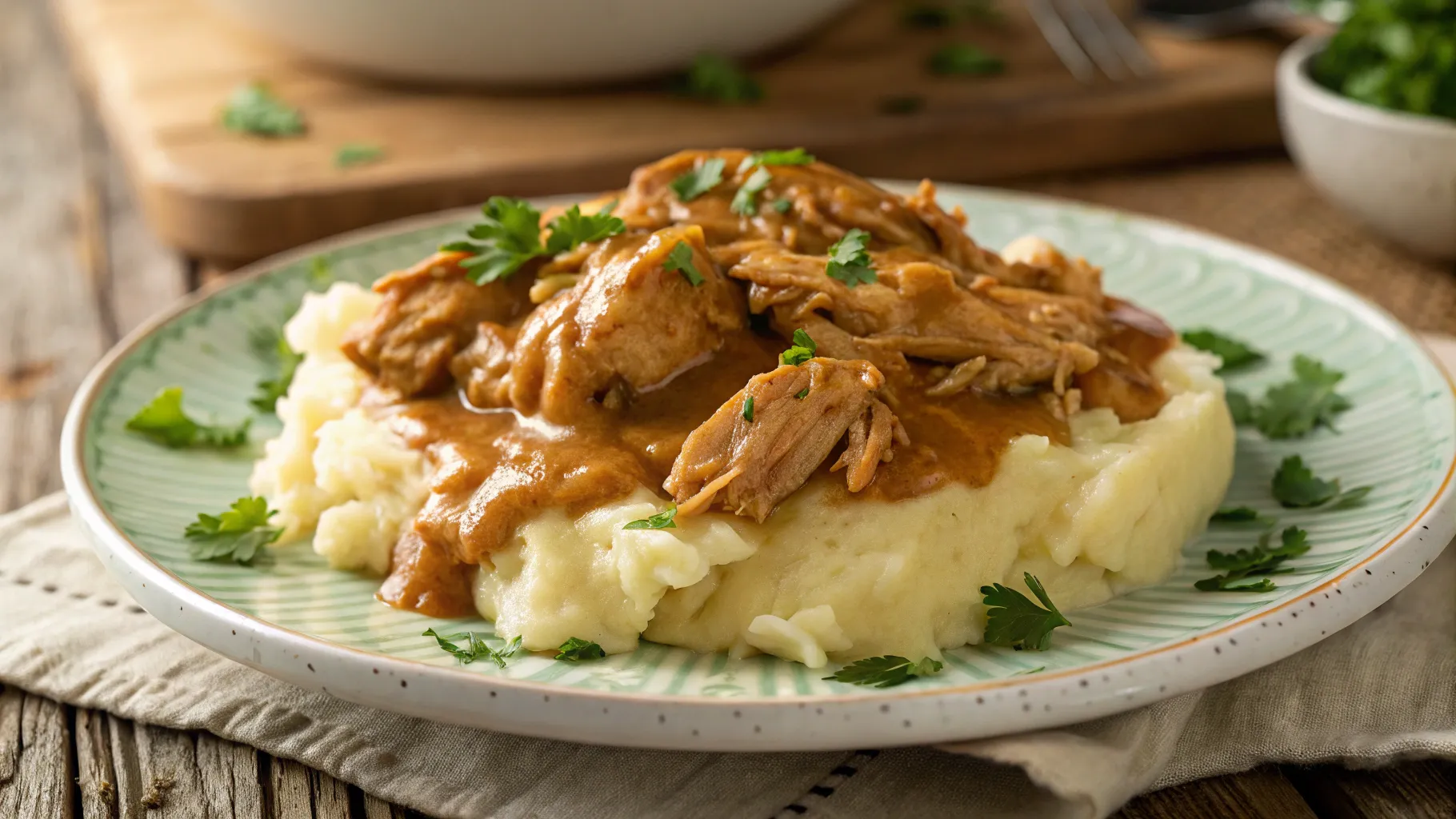 "A beautifully presented bowl of slow-cooked shredded chicken smothered in thick, creamy golden gravy, served over a bed of fluffy mashed potatoes. The dish is garnished with fresh parsley for a pop of color. The plate sits on a rustic wooden table with a warm, inviting kitchen background. Soft natural lighting highlights the rich textures of the tender chicken and velvety gravy, creating a cozy, comforting atmosphere."