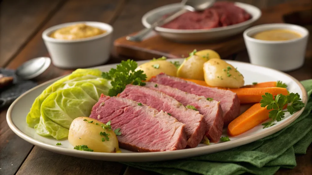 Steaming hot corned beef and cabbage plated with mustard and parsley garnish.
