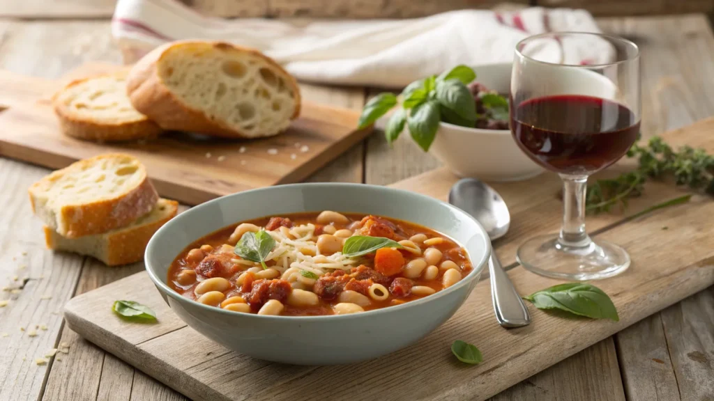 A table set with pasta fagioli, crusty Italian bread, a glass of Chianti wine, and fresh herbs for garnish.
