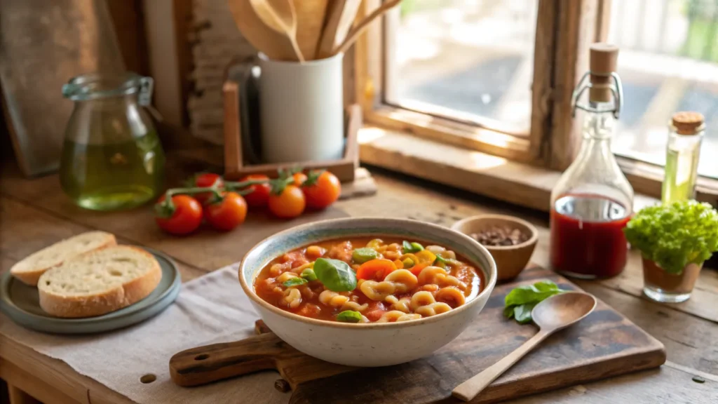 A close-up of a perfectly cooked pasta fagioli bowl with garnishes like Parmesan cheese, fresh basil, and a drizzle of olive oil.
