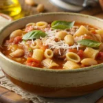 A bowl of authentic pasta fagioli with beans, pasta, and tomato broth served in a rustic Italian kitchen.