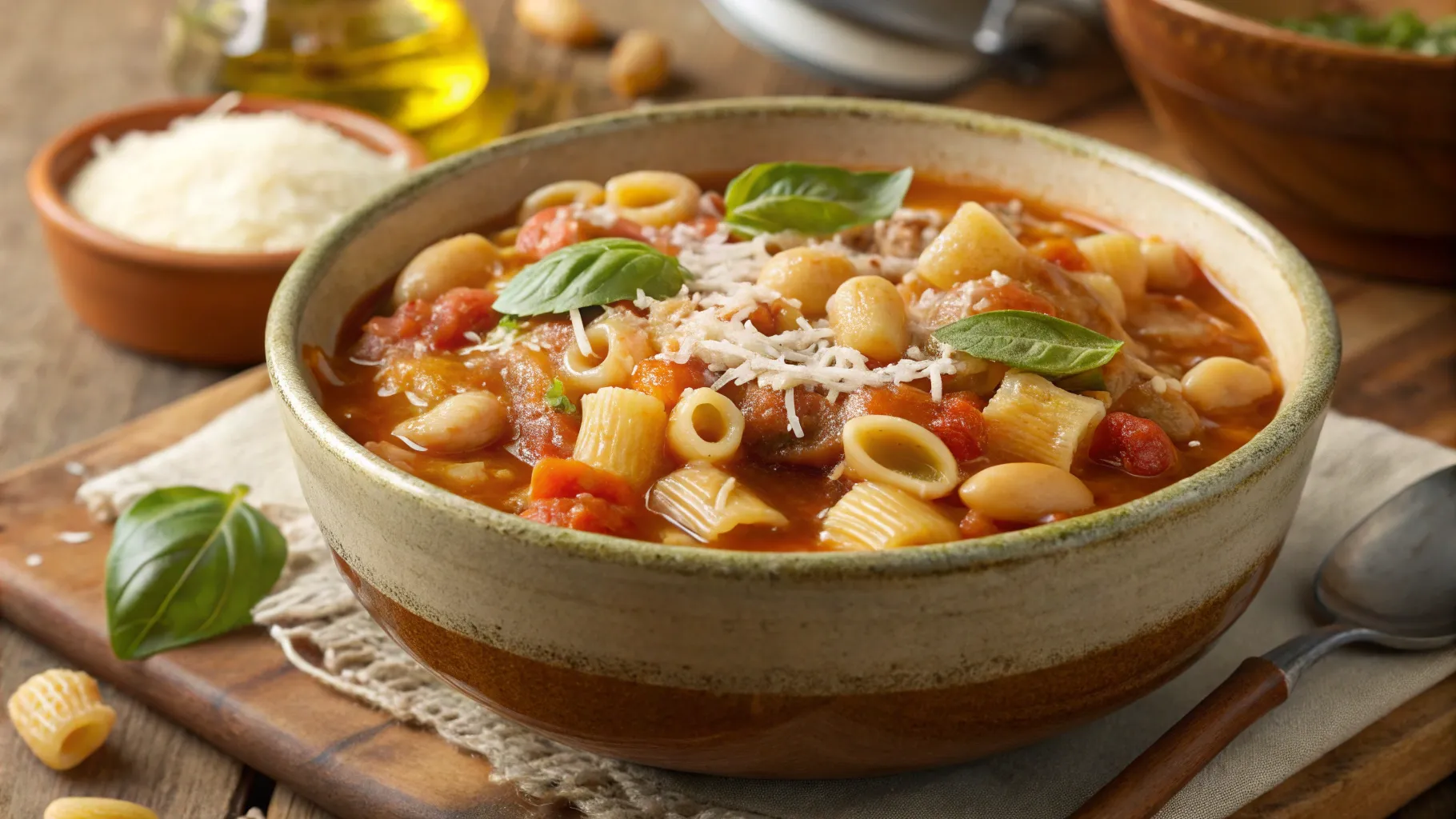 A bowl of authentic pasta fagioli with beans, pasta, and tomato broth served in a rustic Italian kitchen.