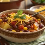 "A steaming bowl of Crockpot Cowboy Soup filled with ground beef, diced potatoes, corn, kidney beans, and tomatoes in a rich, hearty broth. The soup is garnished with melted cheddar cheese and fresh cilantro, served in a rustic ceramic bowl. A spoon rests inside the bowl, with a cozy wooden table setting in the background. Warm, natural lighting enhances the vibrant colors and textures of the dish."