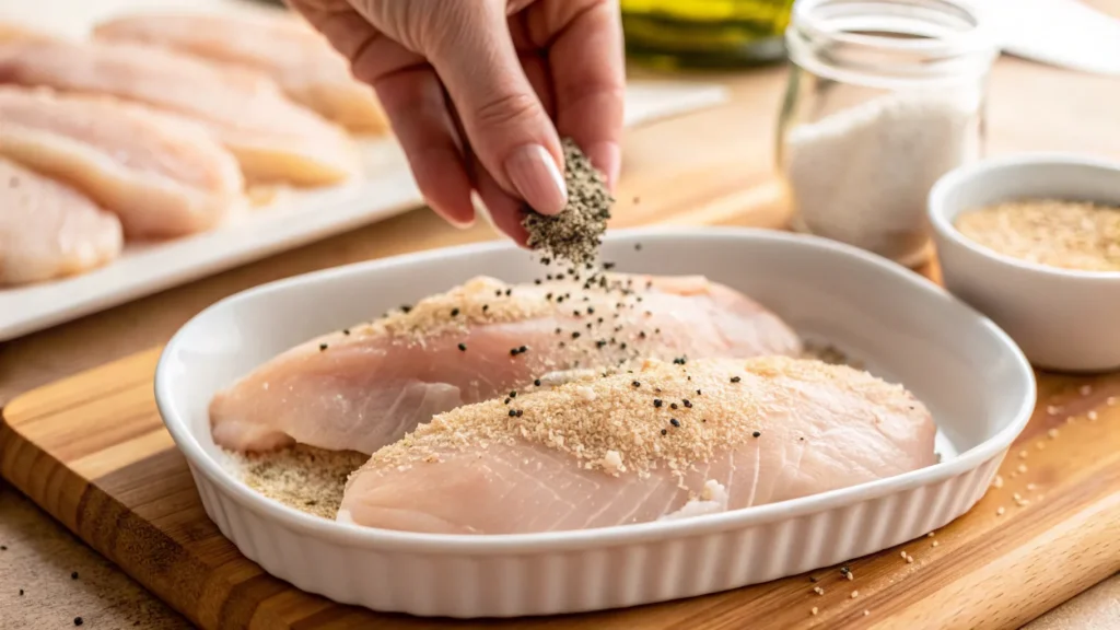 Close-up of raw chicken breasts on a plate being seasoned with salt, pepper, onion powder, and garlic powder.
